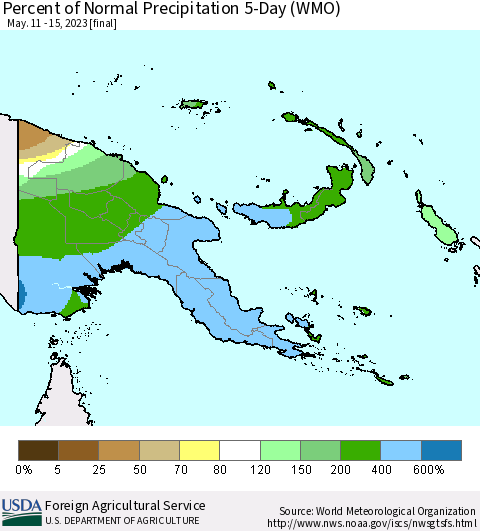 Papua New Guinea Percent of Normal Precipitation 5-Day (WMO) Thematic Map For 5/11/2023 - 5/15/2023