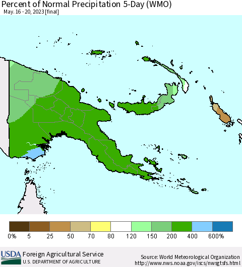 Papua New Guinea Percent of Normal Precipitation 5-Day (WMO) Thematic Map For 5/16/2023 - 5/20/2023