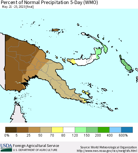 Papua New Guinea Percent of Normal Precipitation 5-Day (WMO) Thematic Map For 5/21/2023 - 5/25/2023