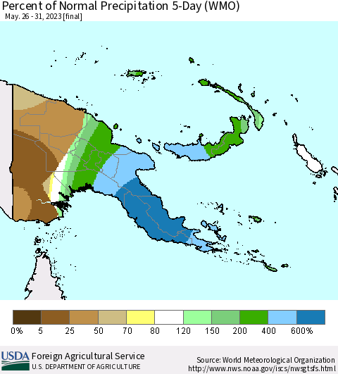 Papua New Guinea Percent of Normal Precipitation 5-Day (WMO) Thematic Map For 5/26/2023 - 5/31/2023