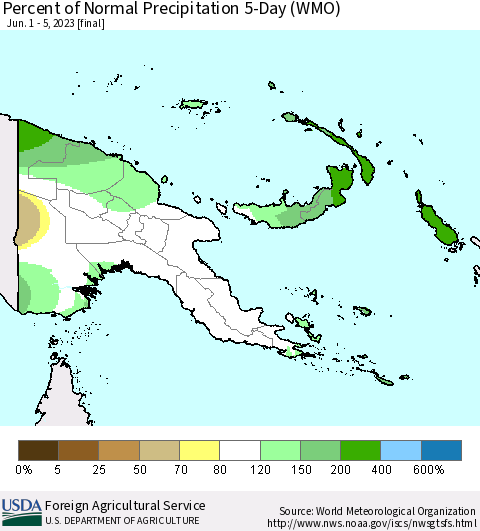 Papua New Guinea Percent of Normal Precipitation 5-Day (WMO) Thematic Map For 6/1/2023 - 6/5/2023