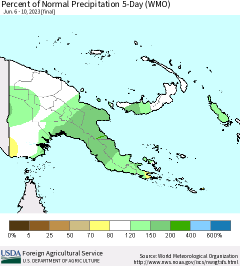 Papua New Guinea Percent of Normal Precipitation 5-Day (WMO) Thematic Map For 6/6/2023 - 6/10/2023