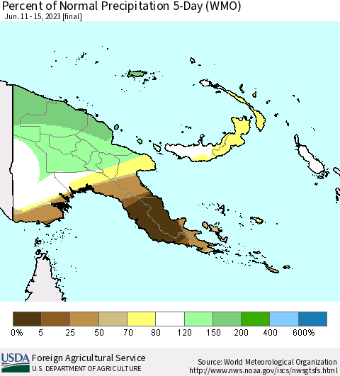 Papua New Guinea Percent of Normal Precipitation 5-Day (WMO) Thematic Map For 6/11/2023 - 6/15/2023