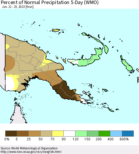 Papua New Guinea Percent of Normal Precipitation 5-Day (WMO) Thematic Map For 6/21/2023 - 6/25/2023