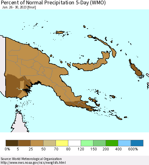Papua New Guinea Percent of Normal Precipitation 5-Day (WMO) Thematic Map For 6/26/2023 - 6/30/2023