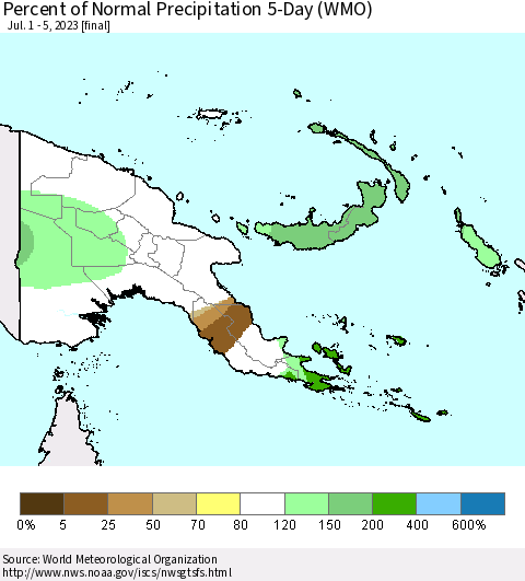 Papua New Guinea Percent of Normal Precipitation 5-Day (WMO) Thematic Map For 7/1/2023 - 7/5/2023