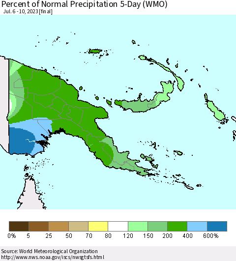 Papua New Guinea Percent of Normal Precipitation 5-Day (WMO) Thematic Map For 7/6/2023 - 7/10/2023