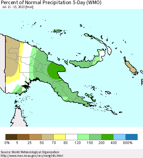 Papua New Guinea Percent of Normal Precipitation 5-Day (WMO) Thematic Map For 7/11/2023 - 7/15/2023