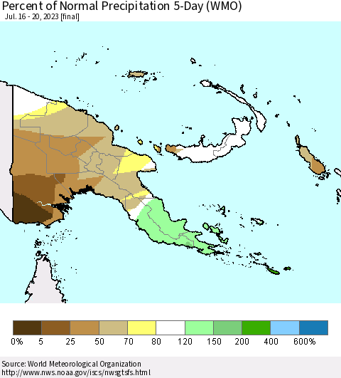 Papua New Guinea Percent of Normal Precipitation 5-Day (WMO) Thematic Map For 7/16/2023 - 7/20/2023