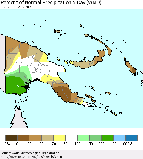 Papua New Guinea Percent of Normal Precipitation 5-Day (WMO) Thematic Map For 7/21/2023 - 7/25/2023