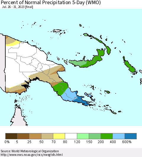 Papua New Guinea Percent of Normal Precipitation 5-Day (WMO) Thematic Map For 7/26/2023 - 7/31/2023