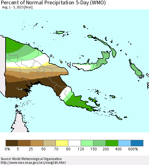 Papua New Guinea Percent of Normal Precipitation 5-Day (WMO) Thematic Map For 8/1/2023 - 8/5/2023