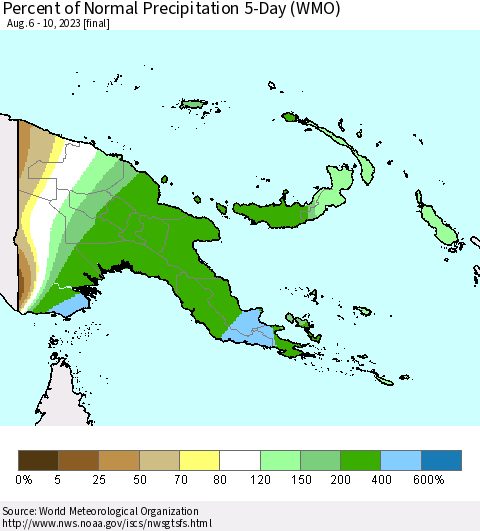 Papua New Guinea Percent of Normal Precipitation 5-Day (WMO) Thematic Map For 8/6/2023 - 8/10/2023