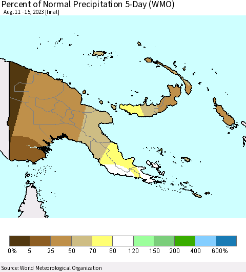 Papua New Guinea Percent of Normal Precipitation 5-Day (WMO) Thematic Map For 8/11/2023 - 8/15/2023