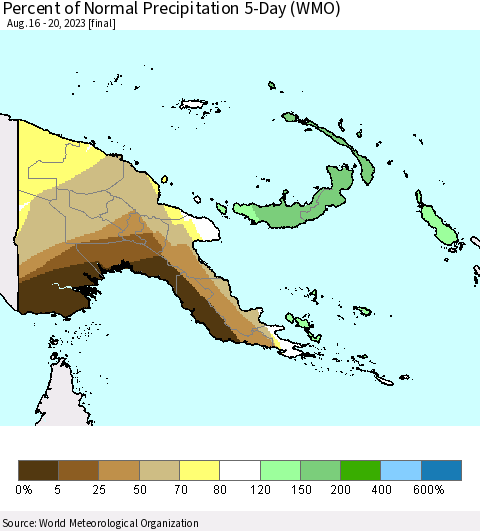 Papua New Guinea Percent of Normal Precipitation 5-Day (WMO) Thematic Map For 8/16/2023 - 8/20/2023