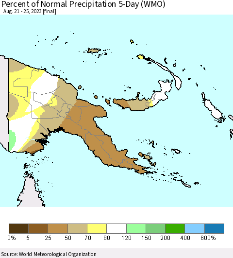 Papua New Guinea Percent of Normal Precipitation 5-Day (WMO) Thematic Map For 8/21/2023 - 8/25/2023