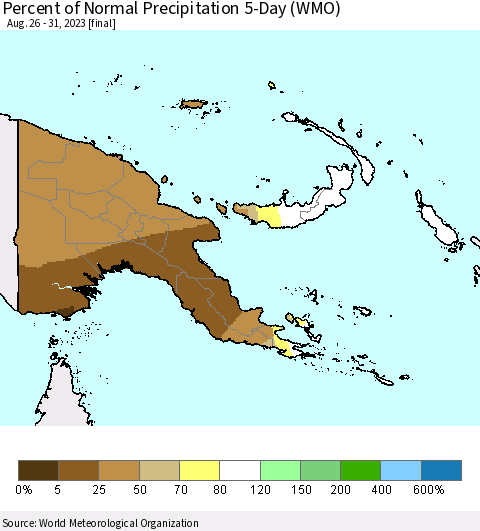 Papua New Guinea Percent of Normal Precipitation 5-Day (WMO) Thematic Map For 8/26/2023 - 8/31/2023