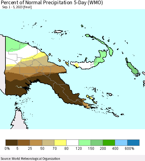 Papua New Guinea Percent of Normal Precipitation 5-Day (WMO) Thematic Map For 9/1/2023 - 9/5/2023