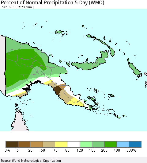 Papua New Guinea Percent of Normal Precipitation 5-Day (WMO) Thematic Map For 9/6/2023 - 9/10/2023