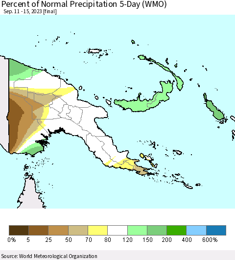 Papua New Guinea Percent of Normal Precipitation 5-Day (WMO) Thematic Map For 9/11/2023 - 9/15/2023