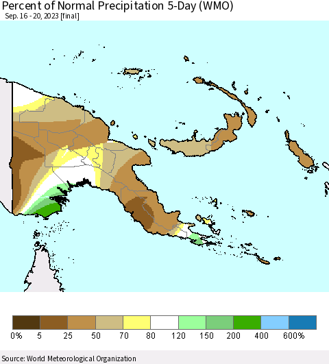 Papua New Guinea Percent of Normal Precipitation 5-Day (WMO) Thematic Map For 9/16/2023 - 9/20/2023
