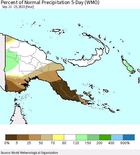 Papua New Guinea Percent of Normal Precipitation 5-Day (WMO) Thematic Map For 9/21/2023 - 9/25/2023