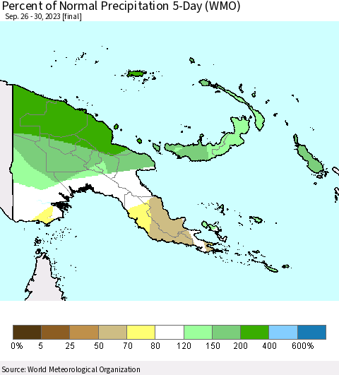 Papua New Guinea Percent of Normal Precipitation 5-Day (WMO) Thematic Map For 9/26/2023 - 9/30/2023