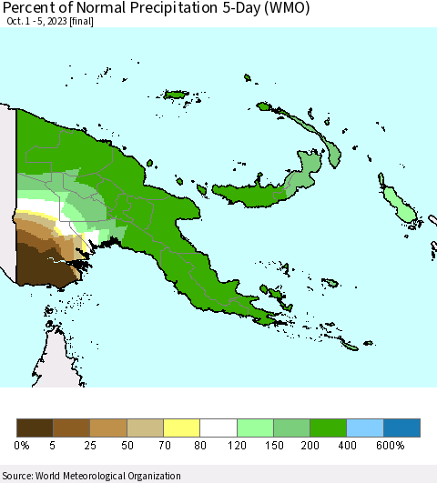 Papua New Guinea Percent of Normal Precipitation 5-Day (WMO) Thematic Map For 10/1/2023 - 10/5/2023
