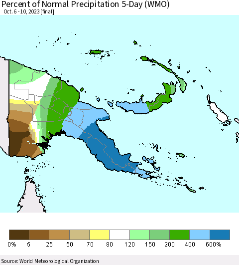 Papua New Guinea Percent of Normal Precipitation 5-Day (WMO) Thematic Map For 10/6/2023 - 10/10/2023