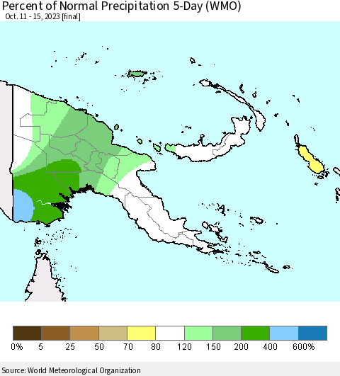 Papua New Guinea Percent of Normal Precipitation 5-Day (WMO) Thematic Map For 10/11/2023 - 10/15/2023