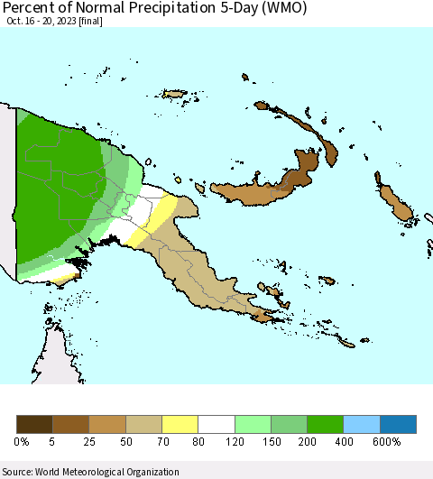 Papua New Guinea Percent of Normal Precipitation 5-Day (WMO) Thematic Map For 10/16/2023 - 10/20/2023