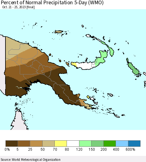 Papua New Guinea Percent of Normal Precipitation 5-Day (WMO) Thematic Map For 10/21/2023 - 10/25/2023