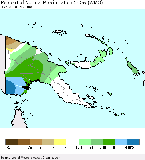 Papua New Guinea Percent of Normal Precipitation 5-Day (WMO) Thematic Map For 10/26/2023 - 10/31/2023