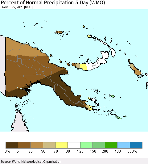 Papua New Guinea Percent of Normal Precipitation 5-Day (WMO) Thematic Map For 11/1/2023 - 11/5/2023