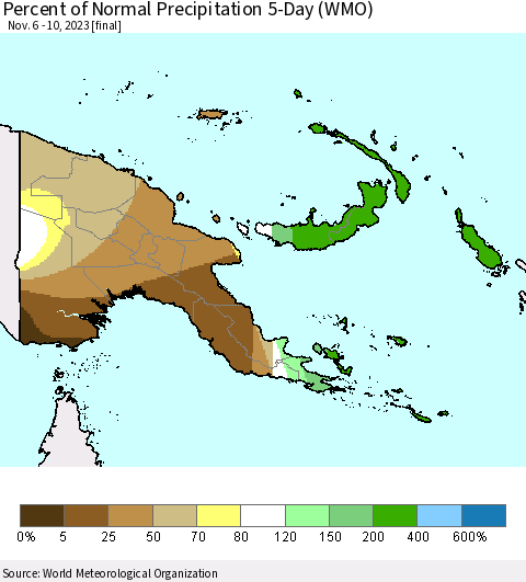 Papua New Guinea Percent of Normal Precipitation 5-Day (WMO) Thematic Map For 11/6/2023 - 11/10/2023