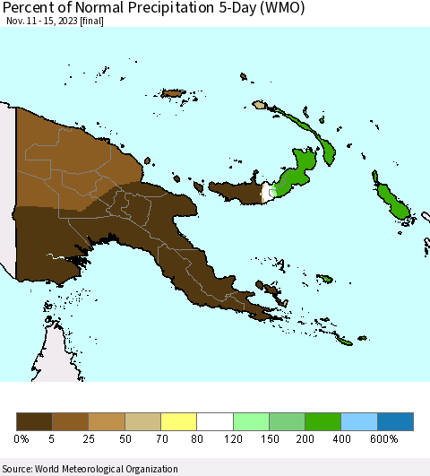Papua New Guinea Percent of Normal Precipitation 5-Day (WMO) Thematic Map For 11/11/2023 - 11/15/2023