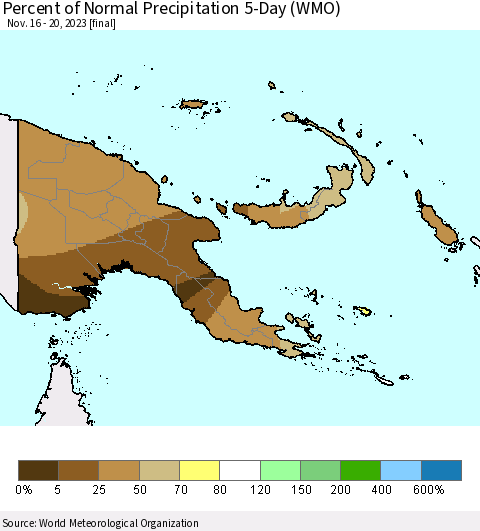 Papua New Guinea Percent of Normal Precipitation 5-Day (WMO) Thematic Map For 11/16/2023 - 11/20/2023