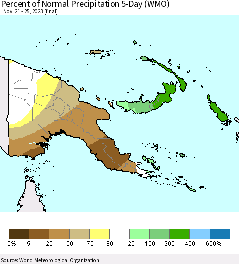 Papua New Guinea Percent of Normal Precipitation 5-Day (WMO) Thematic Map For 11/21/2023 - 11/25/2023