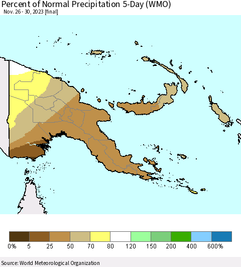 Papua New Guinea Percent of Normal Precipitation 5-Day (WMO) Thematic Map For 11/26/2023 - 11/30/2023