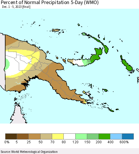 Papua New Guinea Percent of Normal Precipitation 5-Day (WMO) Thematic Map For 12/1/2023 - 12/5/2023