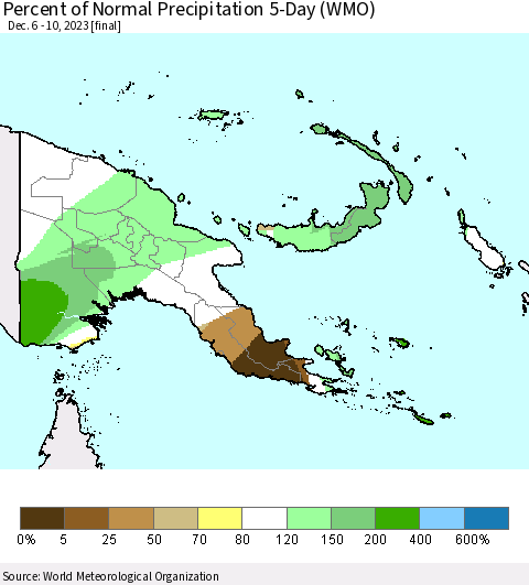Papua New Guinea Percent of Normal Precipitation 5-Day (WMO) Thematic Map For 12/6/2023 - 12/10/2023