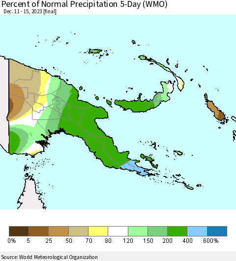 Papua New Guinea Percent of Normal Precipitation 5-Day (WMO) Thematic Map For 12/11/2023 - 12/15/2023