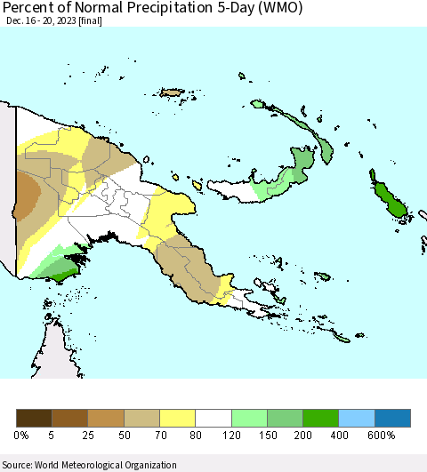 Papua New Guinea Percent of Normal Precipitation 5-Day (WMO) Thematic Map For 12/16/2023 - 12/20/2023