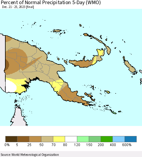 Papua New Guinea Percent of Normal Precipitation 5-Day (WMO) Thematic Map For 12/21/2023 - 12/25/2023