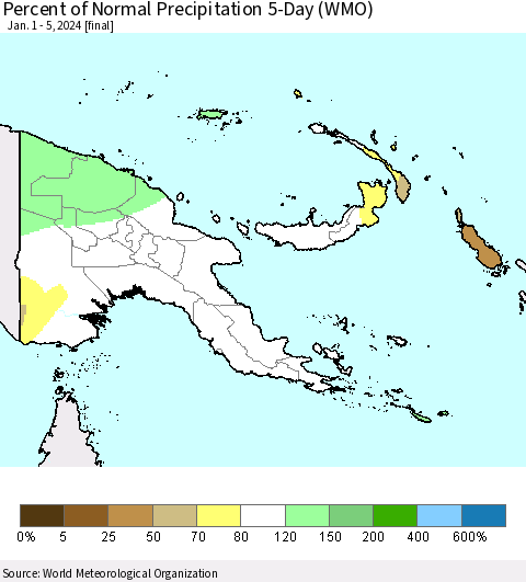 Papua New Guinea Percent of Normal Precipitation 5-Day (WMO) Thematic Map For 1/1/2024 - 1/5/2024