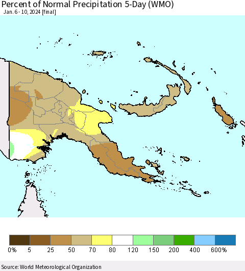 Papua New Guinea Percent of Normal Precipitation 5-Day (WMO) Thematic Map For 1/6/2024 - 1/10/2024