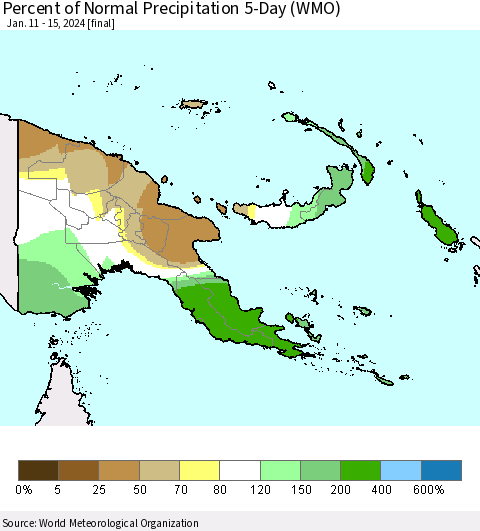 Papua New Guinea Percent of Normal Precipitation 5-Day (WMO) Thematic Map For 1/11/2024 - 1/15/2024