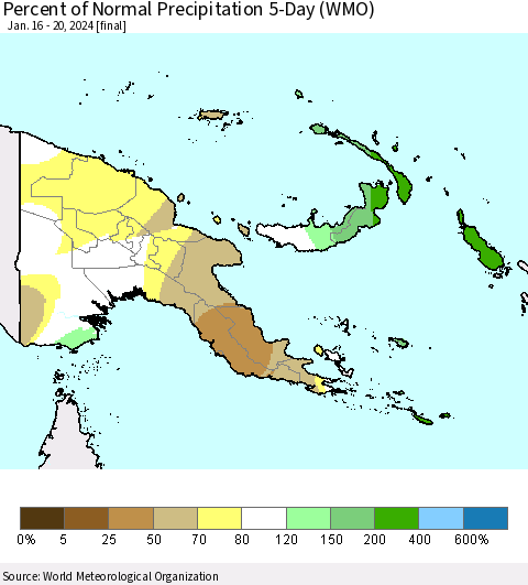 Papua New Guinea Percent of Normal Precipitation 5-Day (WMO) Thematic Map For 1/16/2024 - 1/20/2024