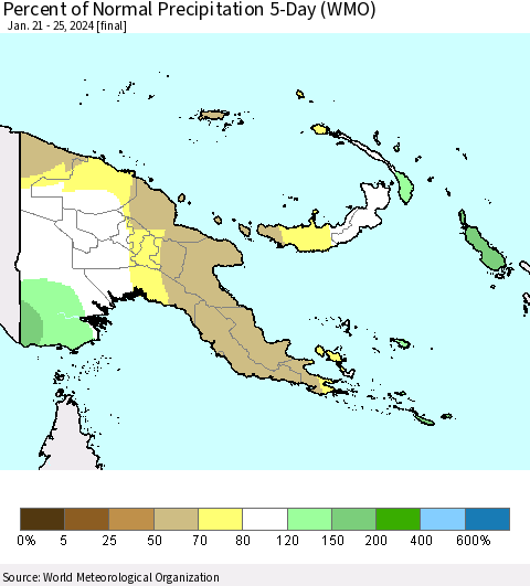 Papua New Guinea Percent of Normal Precipitation 5-Day (WMO) Thematic Map For 1/21/2024 - 1/25/2024