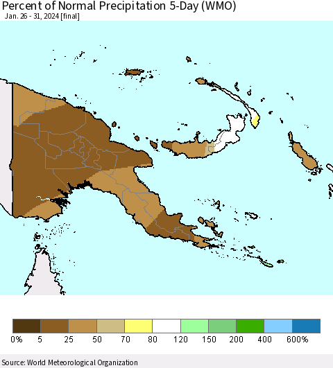 Papua New Guinea Percent of Normal Precipitation 5-Day (WMO) Thematic Map For 1/26/2024 - 1/31/2024